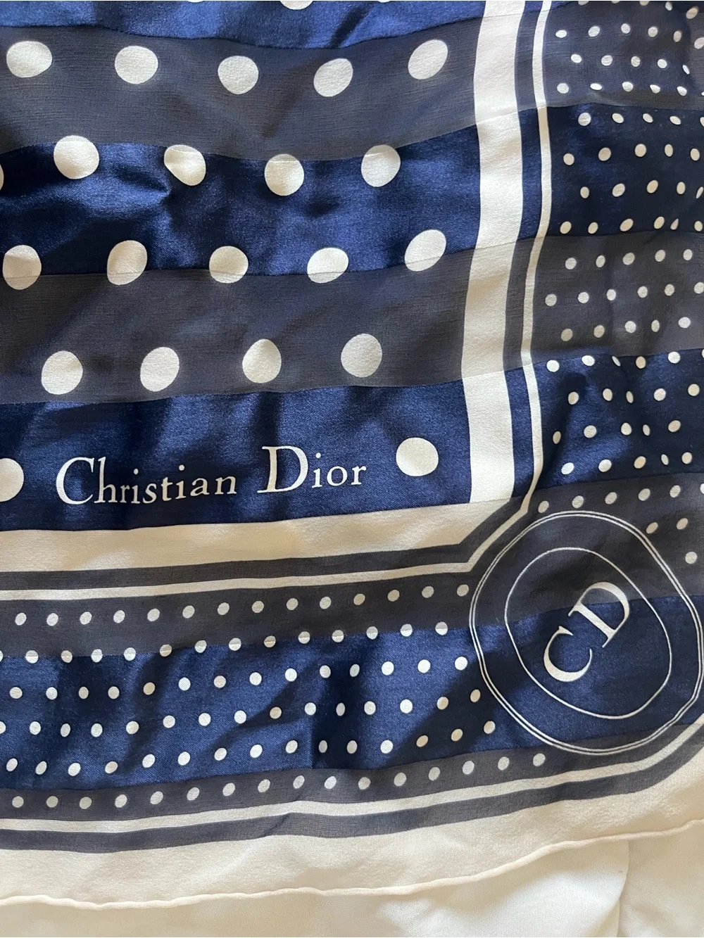 Dior Navy Blue and White Polka Dot Silk Scarf